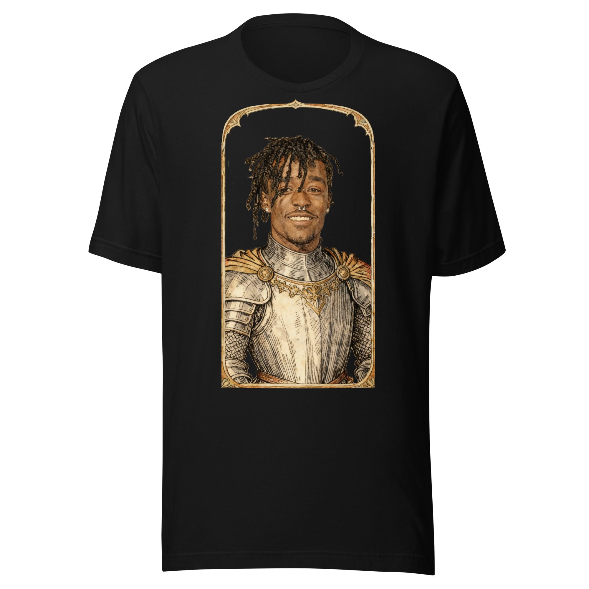 Black t-shirt featuring an exclusive pencil-sketch and engraving portrait of Lil Uzi Vert. The design depicts the artist as a medieval knight wearing detailed plate armor. The artwork is encased in an ornate gold arched border inspired by 14th-century illuminated manuscripts.