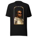 Black t-shirt featuring an exclusive pencil-sketch and engraving portrait of Gunna. The design depicts the artist as a medieval knight wearing detailed plate armor. The artwork is encased in an ornate gold arched border inspired by 14th-century illuminated manuscripts.