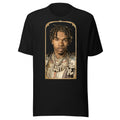 Black t-shirt featuring an exclusive pencil-sketch and engraving portrait of Lil Baby. The design depicts the artist as a medieval knight wearing detailed plate armor. The artwork is encased in an ornate gold arched border inspired by 14th-century illuminated manuscripts.