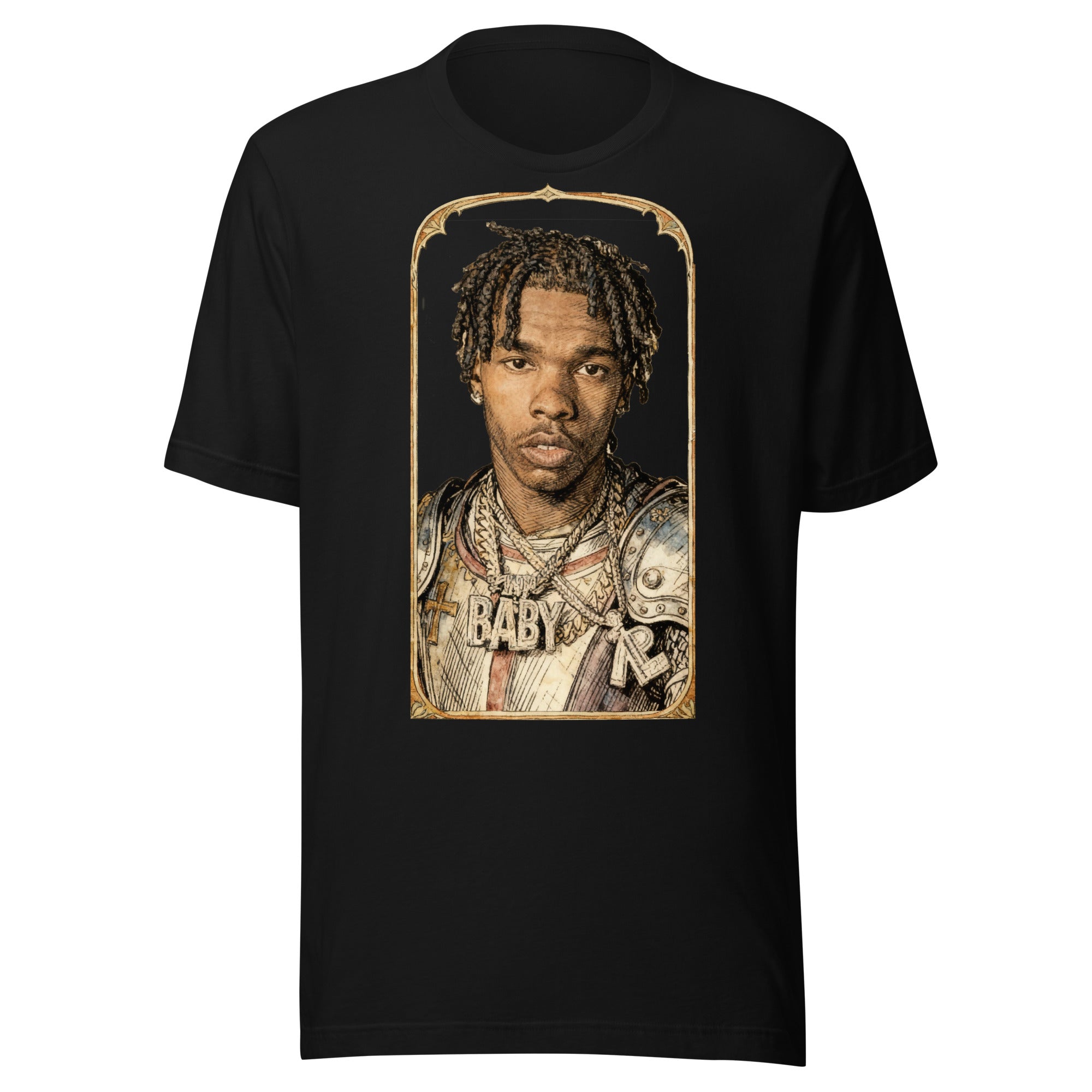 Black t-shirt featuring an exclusive pencil-sketch and engraving portrait of Lil Baby. The design depicts the artist as a medieval knight wearing detailed plate armor. The artwork is encased in an ornate gold arched border inspired by 14th-century illuminated manuscripts.