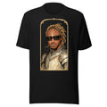 Black t-shirt featuring an exclusive pencil-sketch and engraving portrait of Future. The design depicts the artist as a medieval knight wearing detailed plate armor. The artwork is encased in an ornate gold arched border inspired by 14th-century illuminated manuscripts.