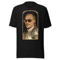 Black t-shirt featuring an exclusive pencil-sketch and engraving portrait of Snoop Dogg. The design depicts the artist as a medieval knight wearing detailed plate armor. The artwork is encased in an ornate gold arched border inspired by 14th-century illuminated manuscripts.