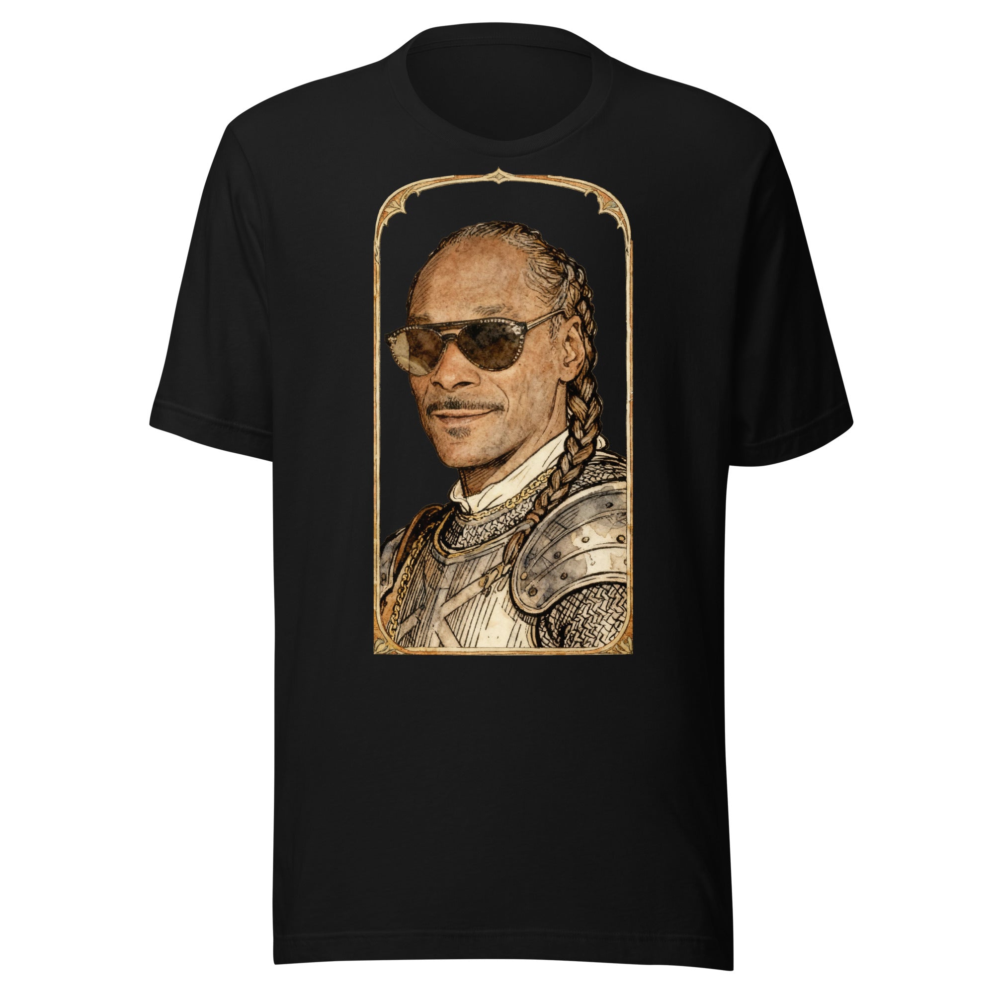 Black t-shirt featuring an exclusive pencil-sketch and engraving portrait of Snoop Dogg. The design depicts the artist as a medieval knight wearing detailed plate armor. The artwork is encased in an ornate gold arched border inspired by 14th-century illuminated manuscripts.