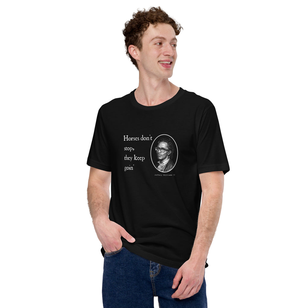 Black shirt featuring a Shakespearian translation of Young Thug’s lyrics in a 14th-century calligraphy style.