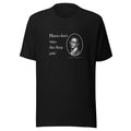 Black shirt featuring a Shakespearian translation of Young Thug’s lyrics in a 14th-century calligraphy style.