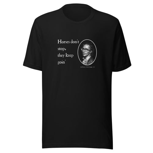 Black shirt featuring a Shakespearian translation of Young Thug’s lyrics in a 14th-century calligraphy style.