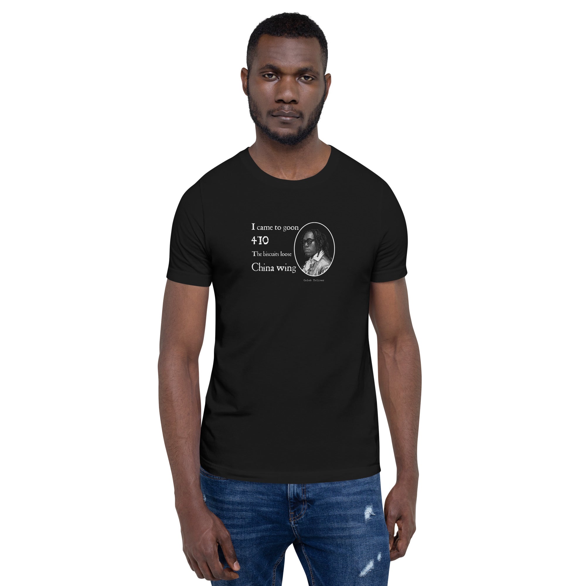 Black shirt featuring a Shakespearian translation of Don Toliver’s lyrics in a 14th-century calligraphy style.