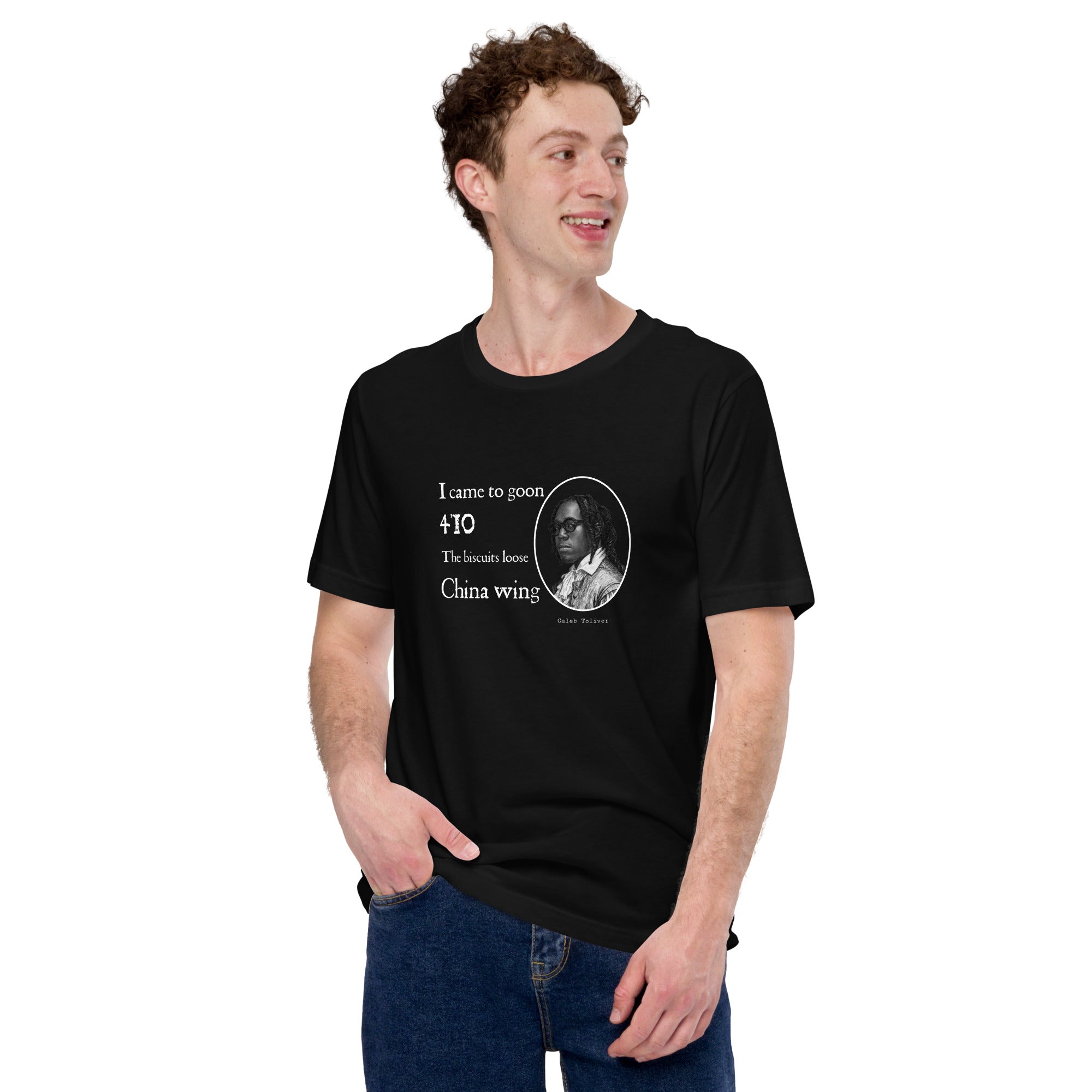 Black shirt featuring a Shakespearian translation of Don Toliver’s lyrics in a 14th-century calligraphy style.