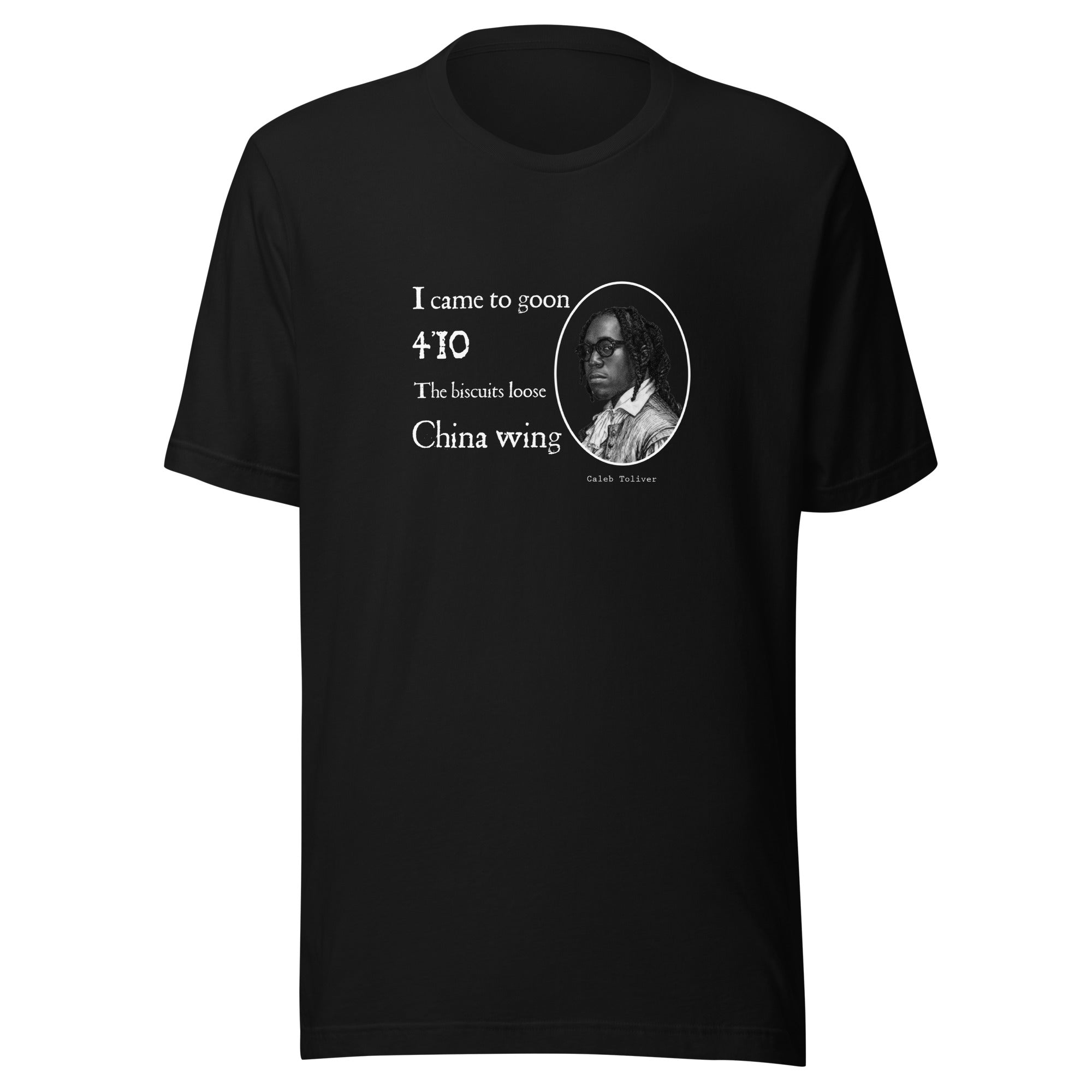 Black shirt featuring a Shakespearian translation of Don Toliver’s lyrics in a 14th-century calligraphy style.