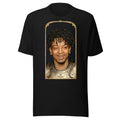 Black t-shirt featuring an exclusive pencil-sketch and engraving portrait of 21 Savage. The design depicts the artist as a medieval knight wearing detailed plate armor. The artwork is encased in an ornate gold arched border inspired by 14th-century illuminated manuscripts.