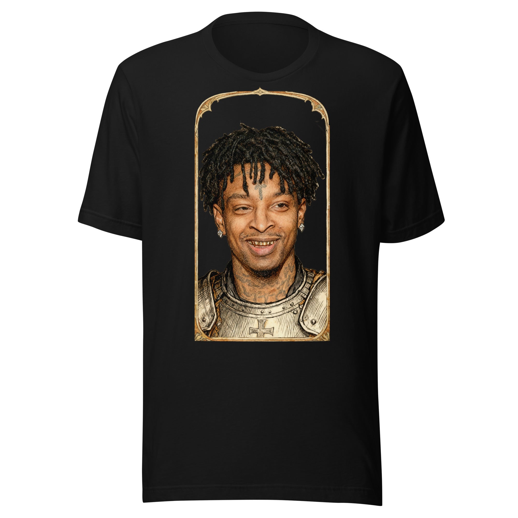 Black t-shirt featuring an exclusive pencil-sketch and engraving portrait of 21 Savage. The design depicts the artist as a medieval knight wearing detailed plate armor. The artwork is encased in an ornate gold arched border inspired by 14th-century illuminated manuscripts.