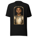 Black t-shirt featuring an exclusive pencil-sketch and engraving portrait of Dave. The design depicts the artist as a medieval knight wearing detailed plate armor. The artwork is encased in an ornate gold arched border inspired by 14th-century illuminated manuscripts.
