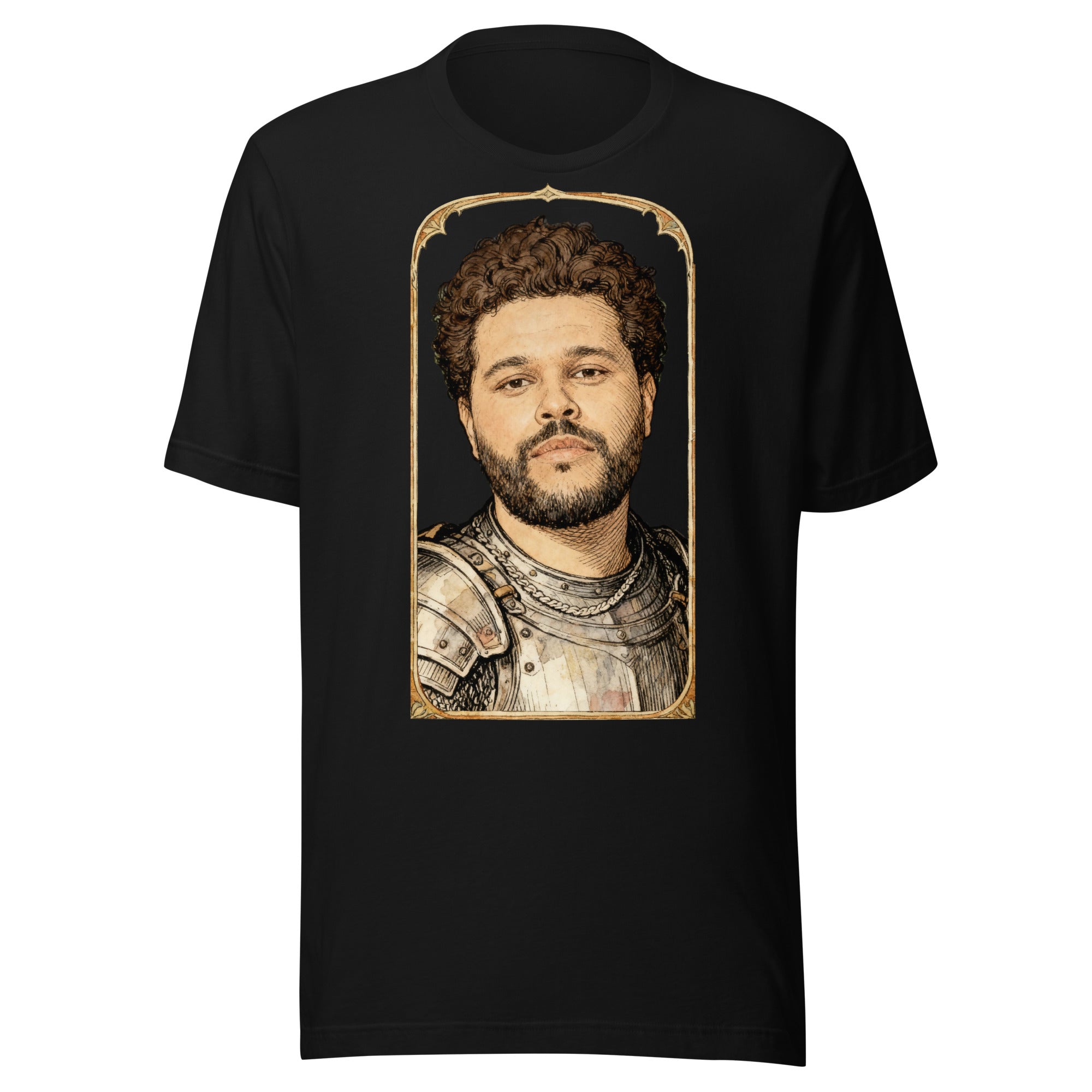 Black t-shirt featuring an exclusive pencil-sketch and engraving portrait of The Weeknd. The design depicts the artist as a medieval knight wearing detailed plate armor. The artwork is encased in an ornate gold arched border inspired by 14th-century illuminated manuscripts.