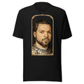 Black t-shirt featuring an exclusive pencil-sketch and engraving portrait of Ice Cube. The design depicts the artist as a medieval knight wearing detailed plate armor. The artwork is encased in an ornate gold arched border inspired by 14th-century illuminated manuscripts.