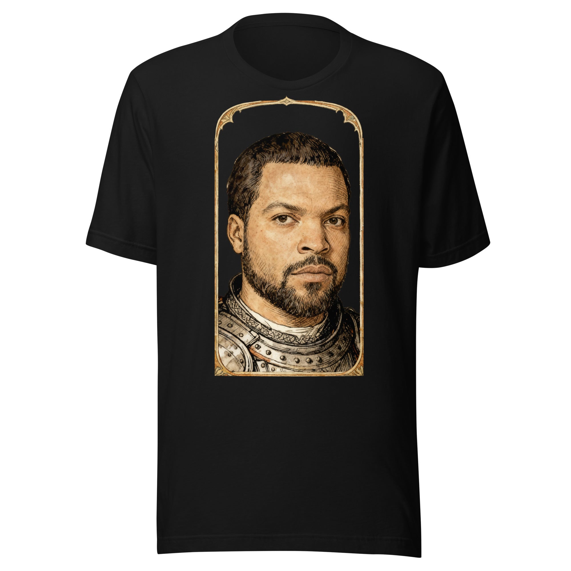 Black t-shirt featuring an exclusive pencil-sketch and engraving portrait of Ice Cube. The design depicts the artist as a medieval knight wearing detailed plate armor. The artwork is encased in an ornate gold arched border inspired by 14th-century illuminated manuscripts.
