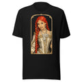 Black t-shirt featuring an exclusive pencil-sketch and engraving portrait of Sexyy Red. The design depicts the artist as a medieval knight wearing detailed plate armor. The artwork is encased in an ornate gold arched border inspired by 14th-century illuminated manuscripts.