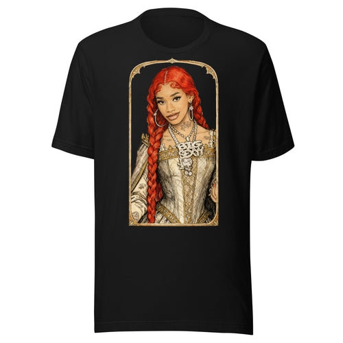 Black t-shirt featuring an exclusive pencil-sketch and engraving portrait of Sexyy Red. The design depicts the artist as a medieval knight wearing detailed plate armor. The artwork is encased in an ornate gold arched border inspired by 14th-century illuminated manuscripts.