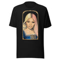Black t-shirt featuring an exclusive pencil-sketch and engraving portrait of Nicki Minaj. The design depicts the artist as a medieval knight wearing detailed plate armor. The artwork is encased in an ornate gold arched border inspired by 14th-century illuminated manuscripts.