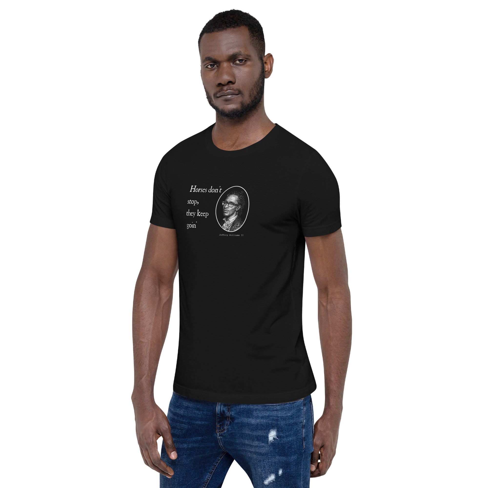 Black shirt featuring a Shakespearian translation of Young Thug’s lyrics in a 14th-century calligraphy style.