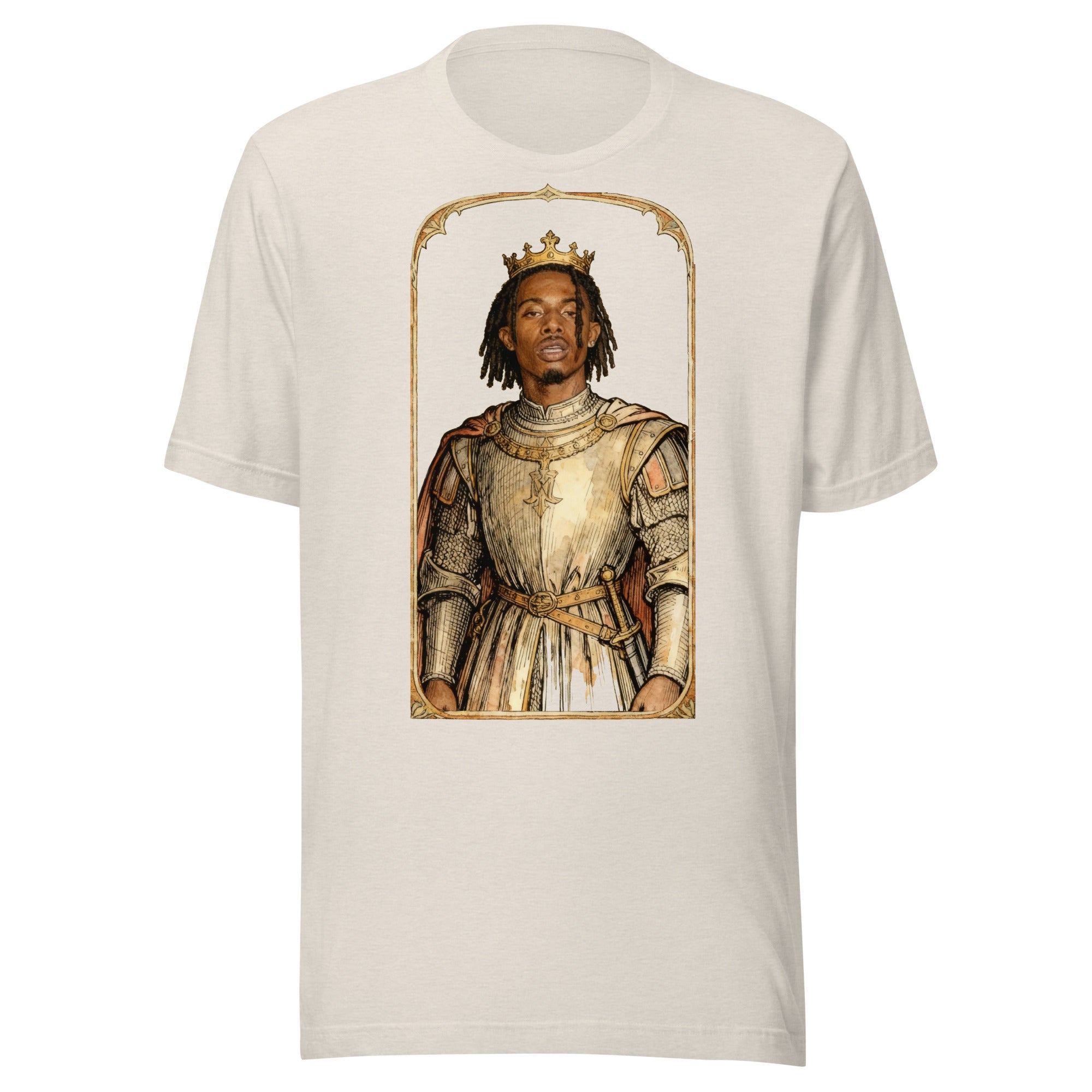 Heather Dust t-shirt featuring an exclusive pencil-sketch and engraving portrait of Playboi Carti. The design depicts the artist as a medieval knight wearing detailed plate armor. The artwork is encased in an ornate gold arched border inspired by 14th-cen