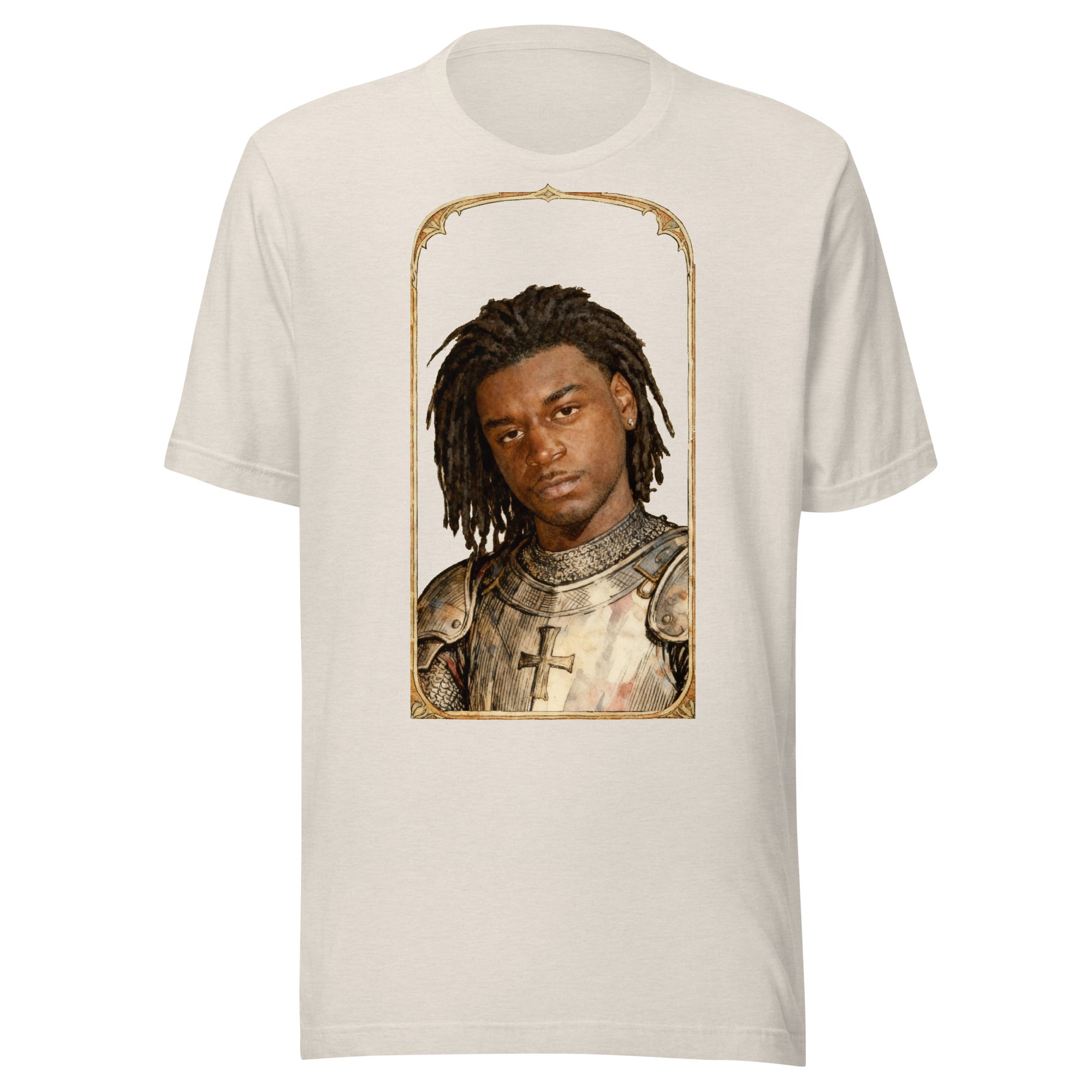 Heather Dust t-shirt featuring an exclusive pencil-sketch and engraving portrait of Ken Carson. The design depicts the artist as a medieval knight wearing detailed plate armor. The artwork is encased in an ornate gold arched border inspired by 14th-centur