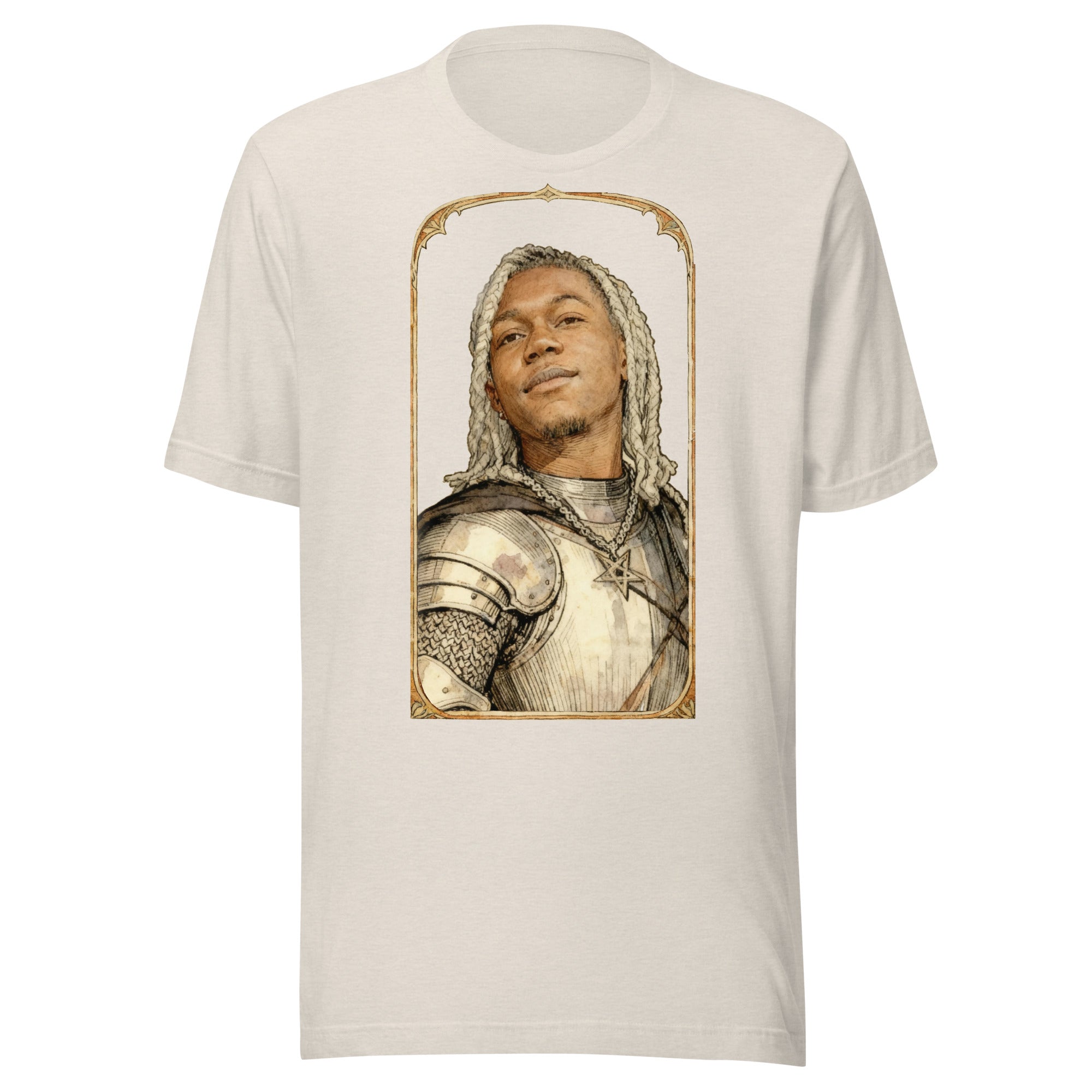 Heather Dust t-shirt featuring an exclusive pencil-sketch and engraving portrait of Destroy Lonely. The design depicts the artist as a medieval knight wearing detailed plate armor. The artwork is encased in an ornate gold arched border inspired by 14th-ce