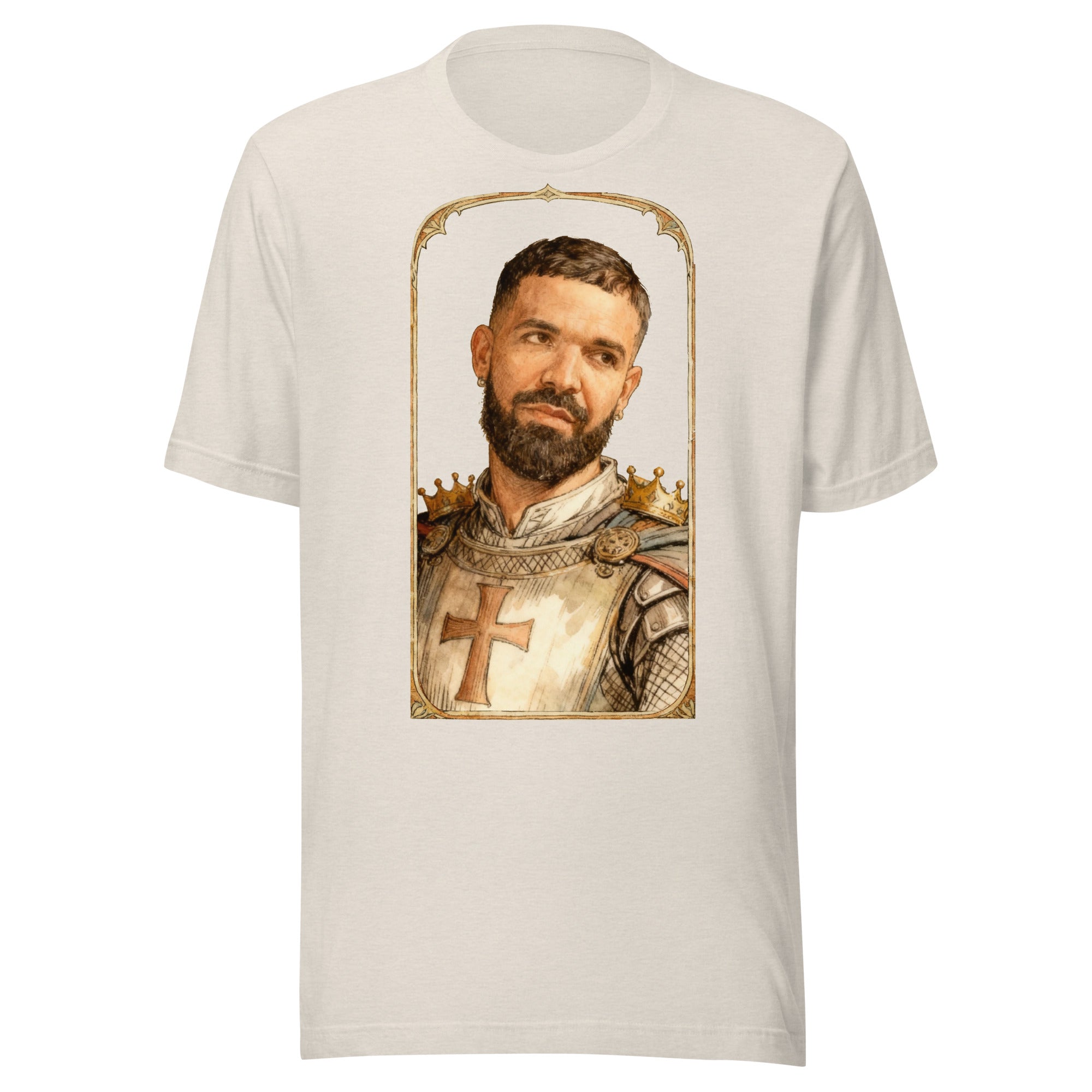 Heather Dust t-shirt featuring an exclusive pencil-sketch and engraving portrait of Drake. The design depicts the artist as a medieval knight wearing detailed plate armor. The artwork is encased in an ornate gold arched border inspired by 14th-century ill