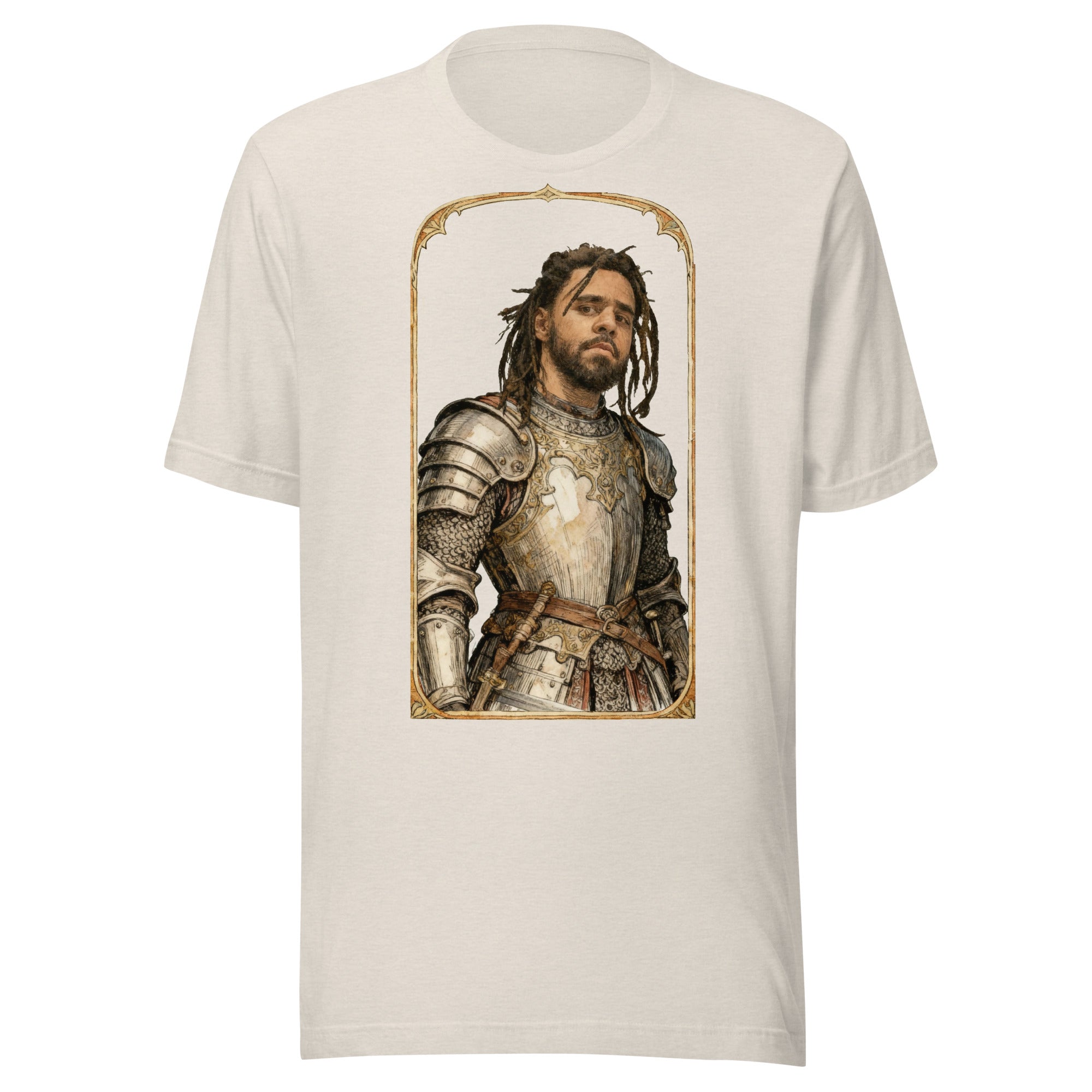 Heather Dust t-shirt featuring an exclusive pencil-sketch and engraving portrait of J Cole. The design depicts the artist as a medieval knight wearing detailed plate armor. The artwork is encased in an ornate gold arched border inspired by 14th-century il