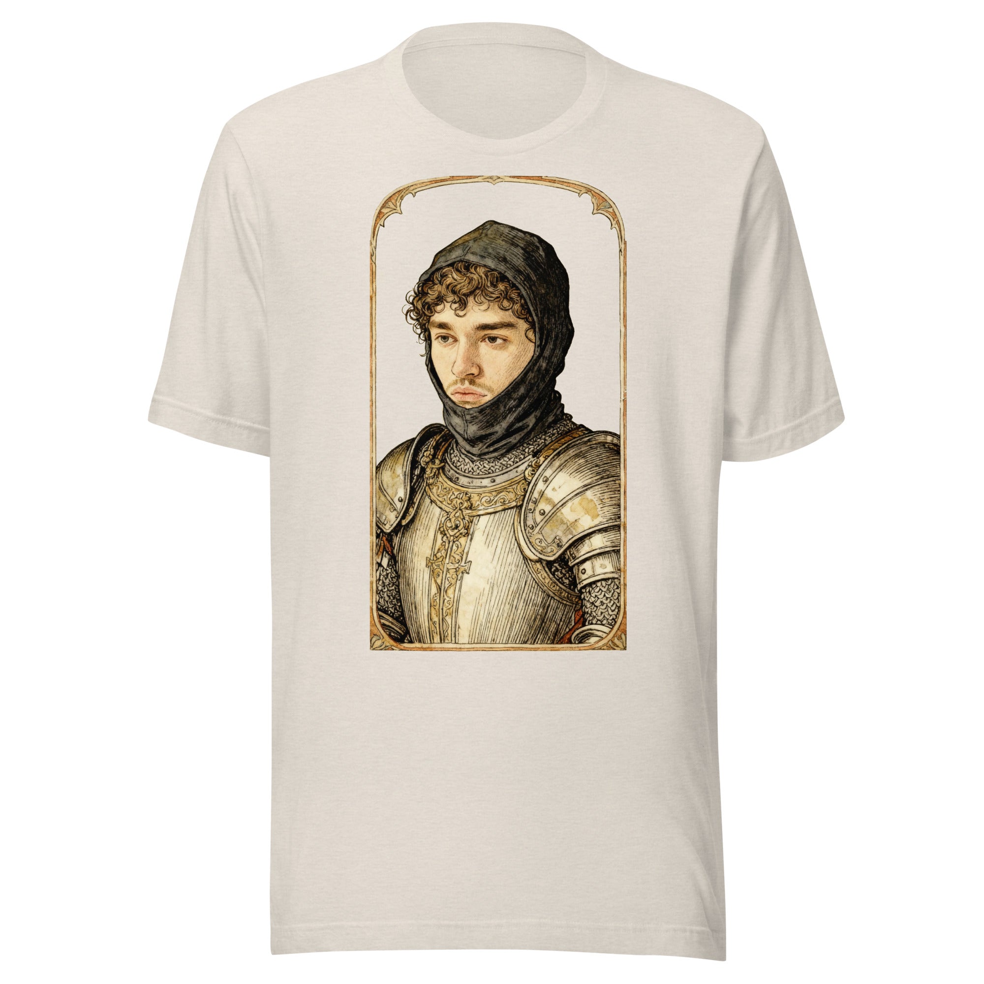 Heather Dust t-shirt featuring an exclusive pencil-sketch and engraving portrait of Yeat. The design depicts the artist as a medieval knight wearing detailed plate armor. The artwork is encased in an ornate gold arched border inspired by 14th-century illu