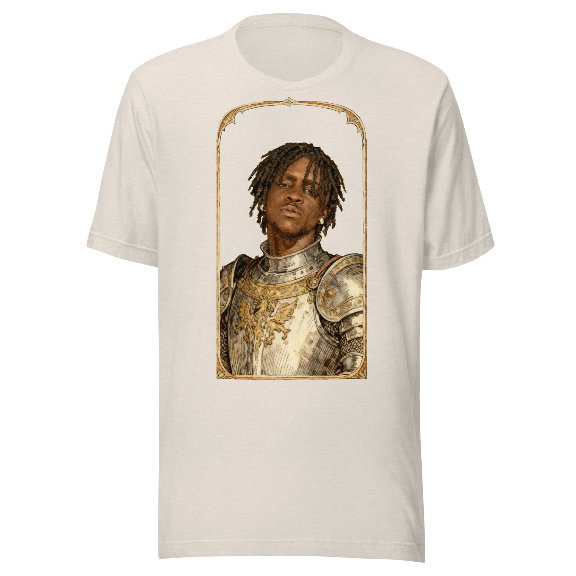 Heather Dust t-shirt featuring an exclusive pencil-sketch and engraving portrait of Chief Keef. The design depicts the artist as a medieval knight wearing detailed plate armor. The artwork is encased in an ornate gold arched border inspired by 14th-centur