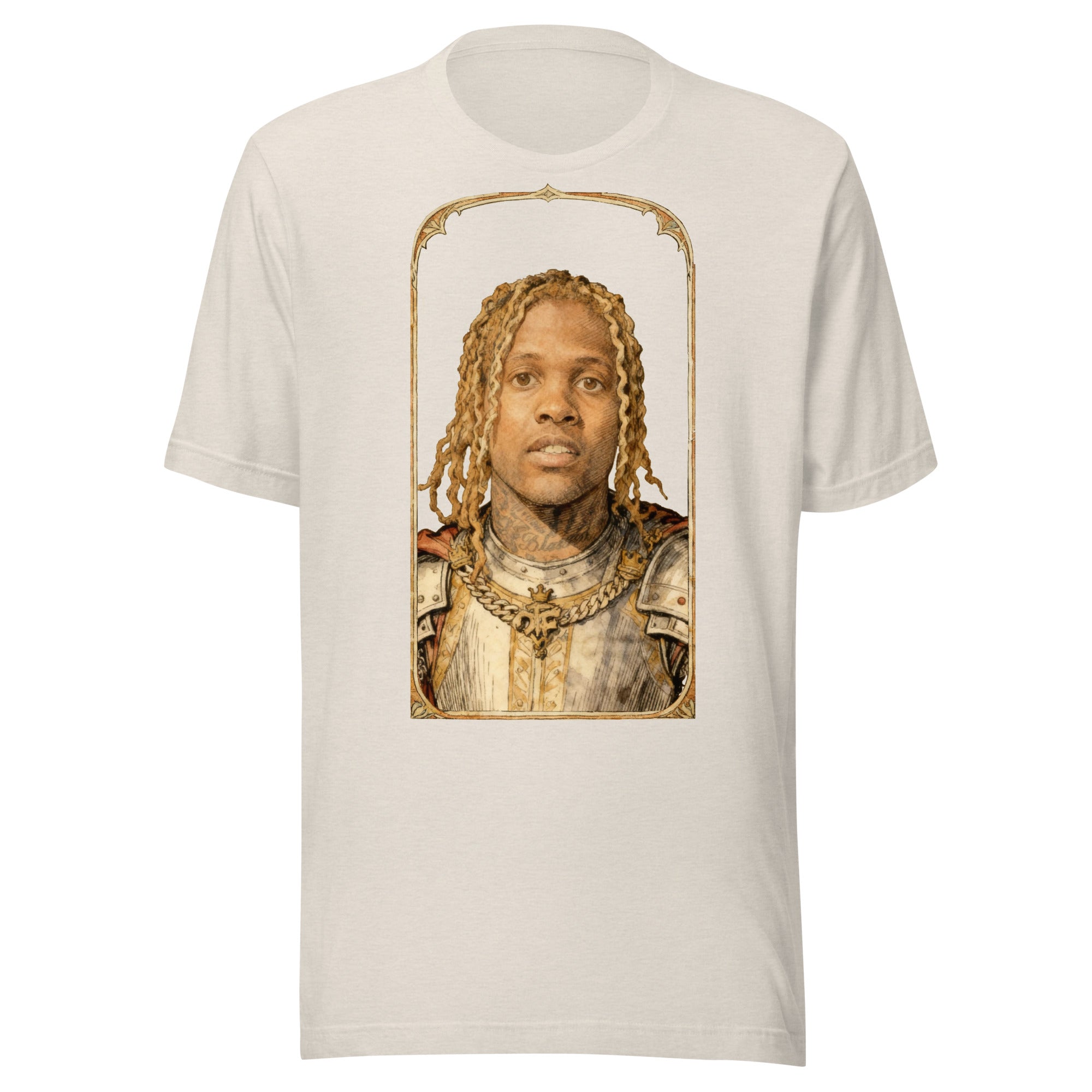 Heather Dust t-shirt featuring an exclusive pencil-sketch and engraving portrait of Lil Durk. The design depicts the artist as a medieval knight wearing detailed plate armor. The artwork is encased in an ornate gold arched border inspired by 14th-century 