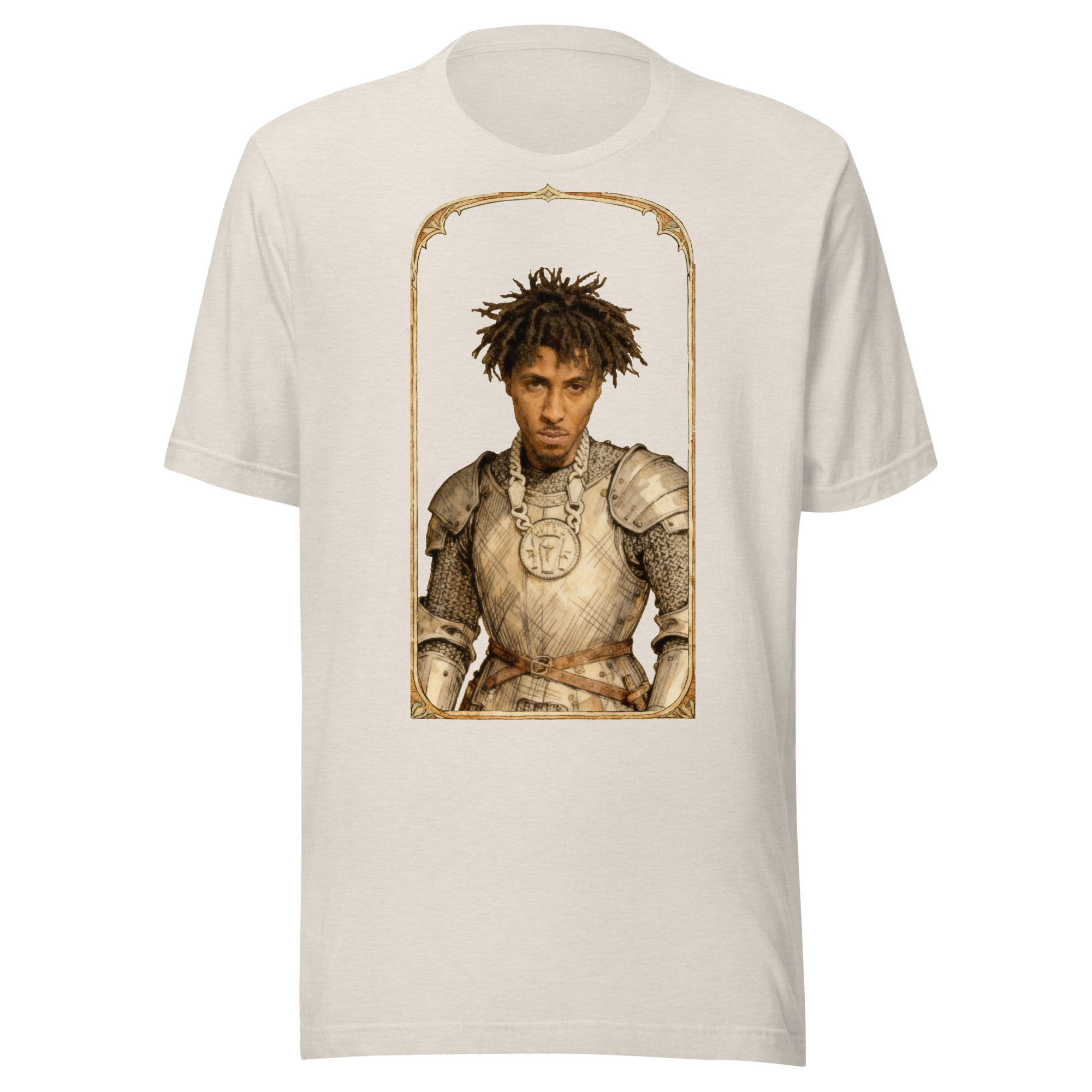 Heather Dust t-shirt featuring an exclusive pencil-sketch and engraving portrait of NBA Youngboy. The design depicts the artist as a medieval knight wearing detailed plate armor. The artwork is encased in an ornate gold arched border inspired by 14th-cent