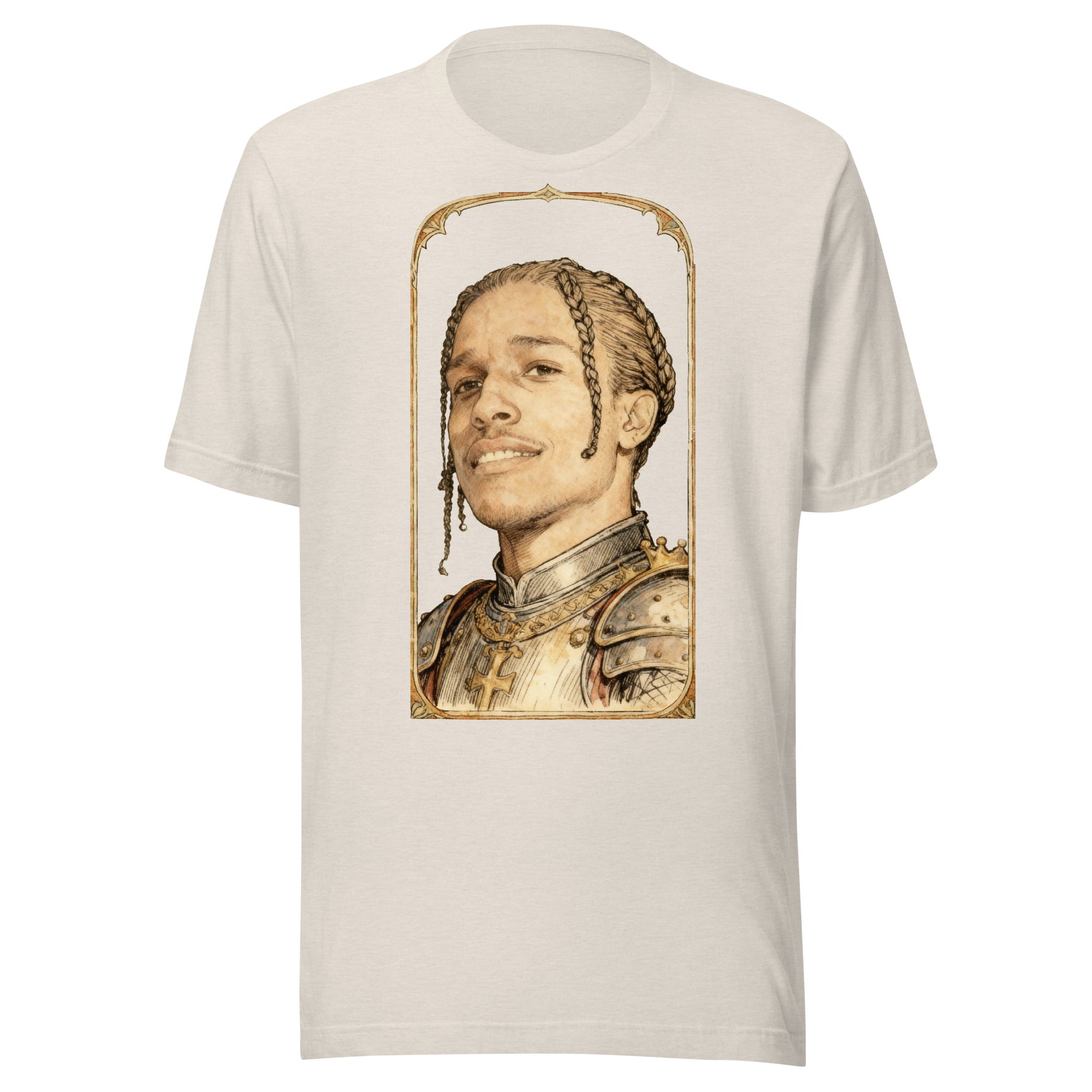 Heather Dust t-shirt featuring an exclusive pencil-sketch and engraving portrait of ASAP Rocky. The design depicts the artist as a medieval knight wearing detailed plate armor. The artwork is encased in an ornate gold arched border inspired by 14th-centur