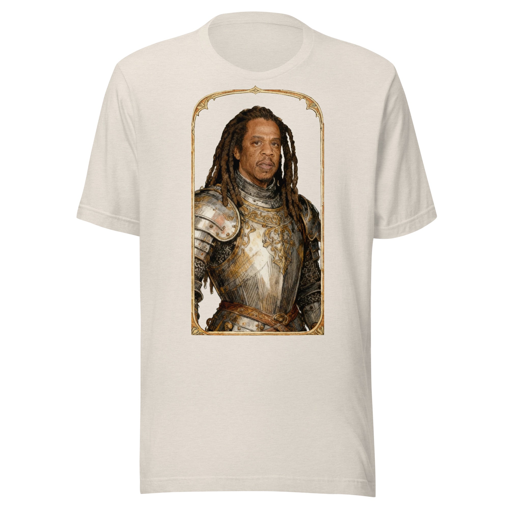 Heather Dust t-shirt featuring an exclusive pencil-sketch and engraving portrait of Jay Z. The design depicts the artist as a medieval knight wearing detailed plate armor. The artwork is encased in an ornate gold arched border inspired by 14th-century illuminated manuscripts.