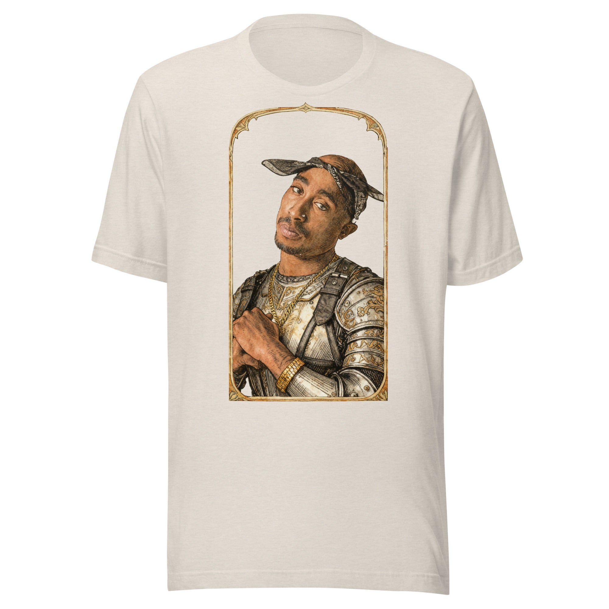 Heather Dust t-shirt featuring an exclusive pencil-sketch and engraving portrait of 2pac. The design depicts the artist as a medieval knight wearing detailed plate armor. The artwork is encased in an ornate gold arched border inspired by 14th-century illuminated manuscripts.
