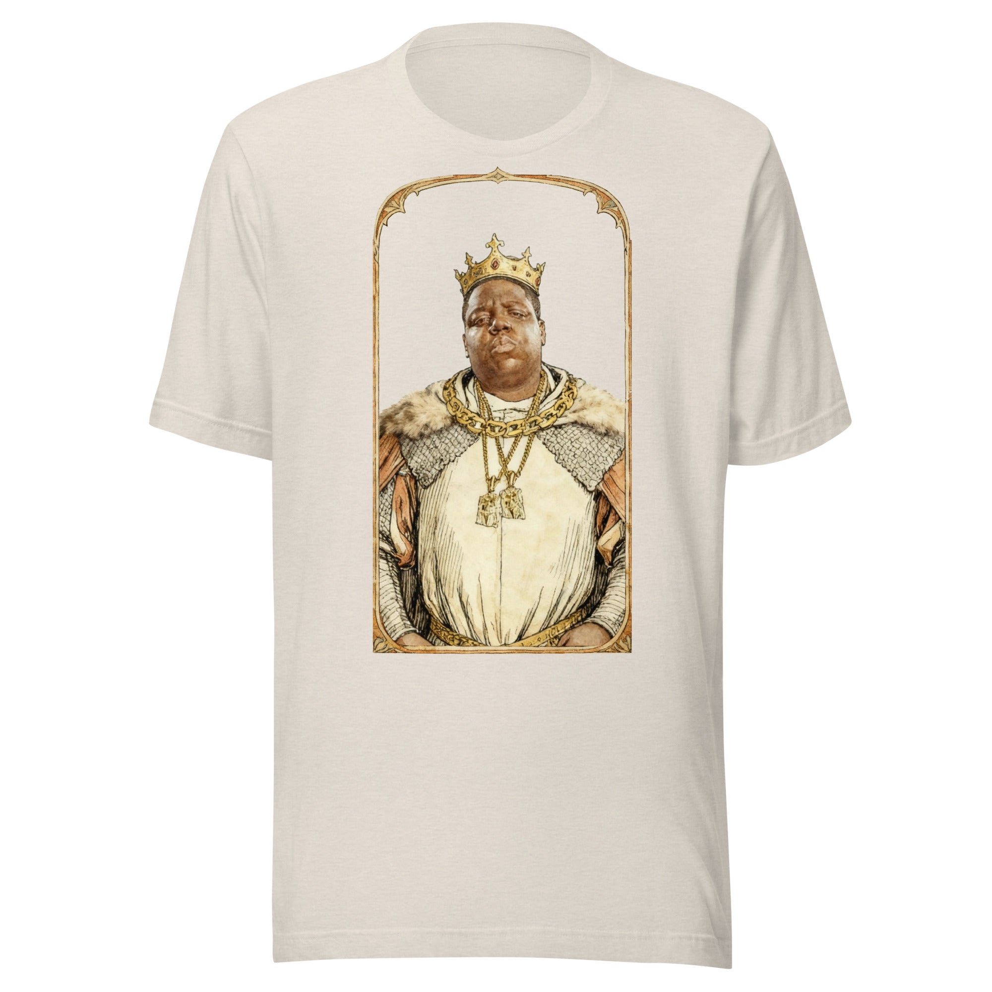 Heather Dust t-shirt featuring an exclusive pencil-sketch and engraving portrait of Notorious B.I.G.. The design depicts the artist as a medieval knight wearing detailed plate armor. The artwork is encased in an ornate gold arched border inspired by 14th-century illuminated manuscripts.