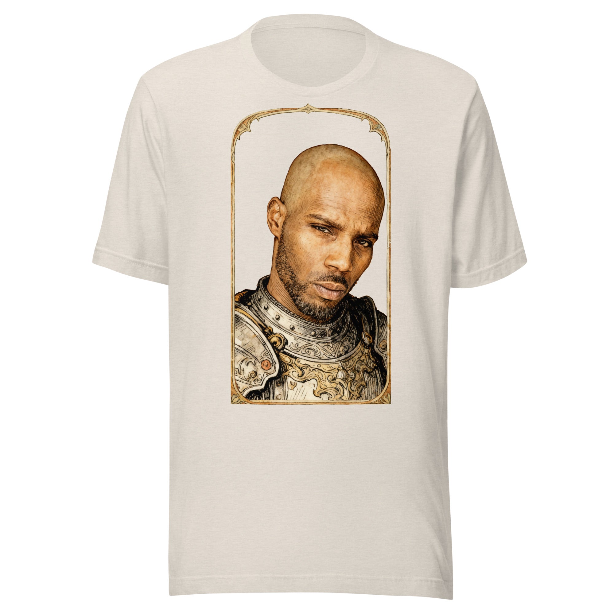 Heather Dust t-shirt featuring an exclusive pencil-sketch and engraving portrait of DMX. The design depicts the artist as a medieval knight wearing detailed plate armor. The artwork is encased in an ornate gold arched border inspired by 14th-century illuminated manuscripts.