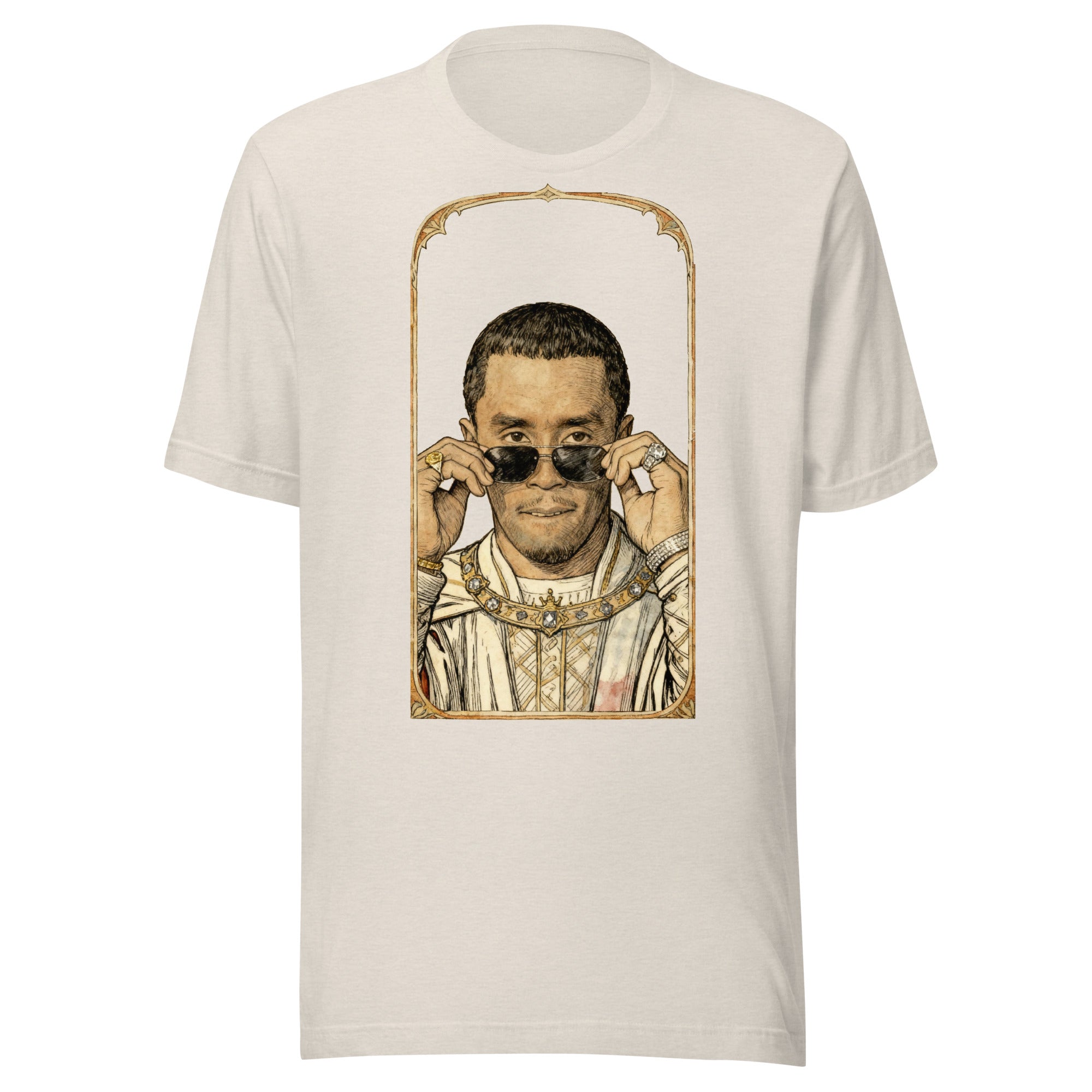 Heather Dust t-shirt featuring an exclusive pencil-sketch and engraving portrait of Diddy. The design depicts the artist as a medieval knight wearing detailed plate armor. The artwork is encased in an ornate gold arched border inspired by 14th-century illuminated manuscripts.