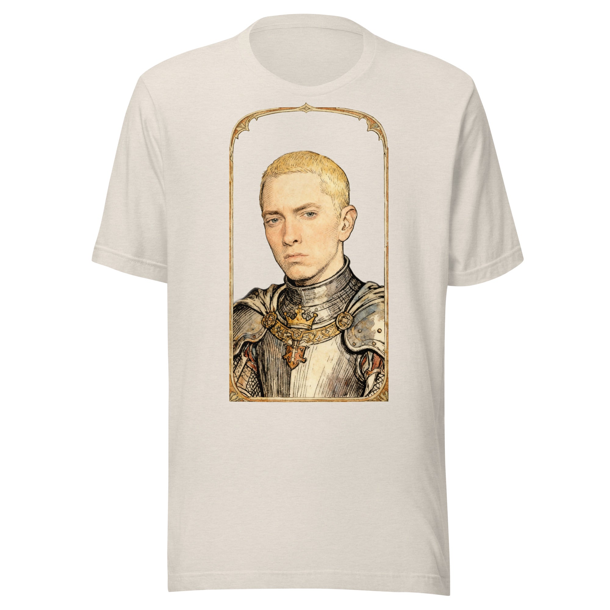 Heather Dust t-shirt featuring an exclusive pencil-sketch and engraving portrait of Eminem. The design depicts the artist as a medieval knight wearing detailed plate armor. The artwork is encased in an ornate gold arched border inspired by 14th-century illuminated manuscripts.
