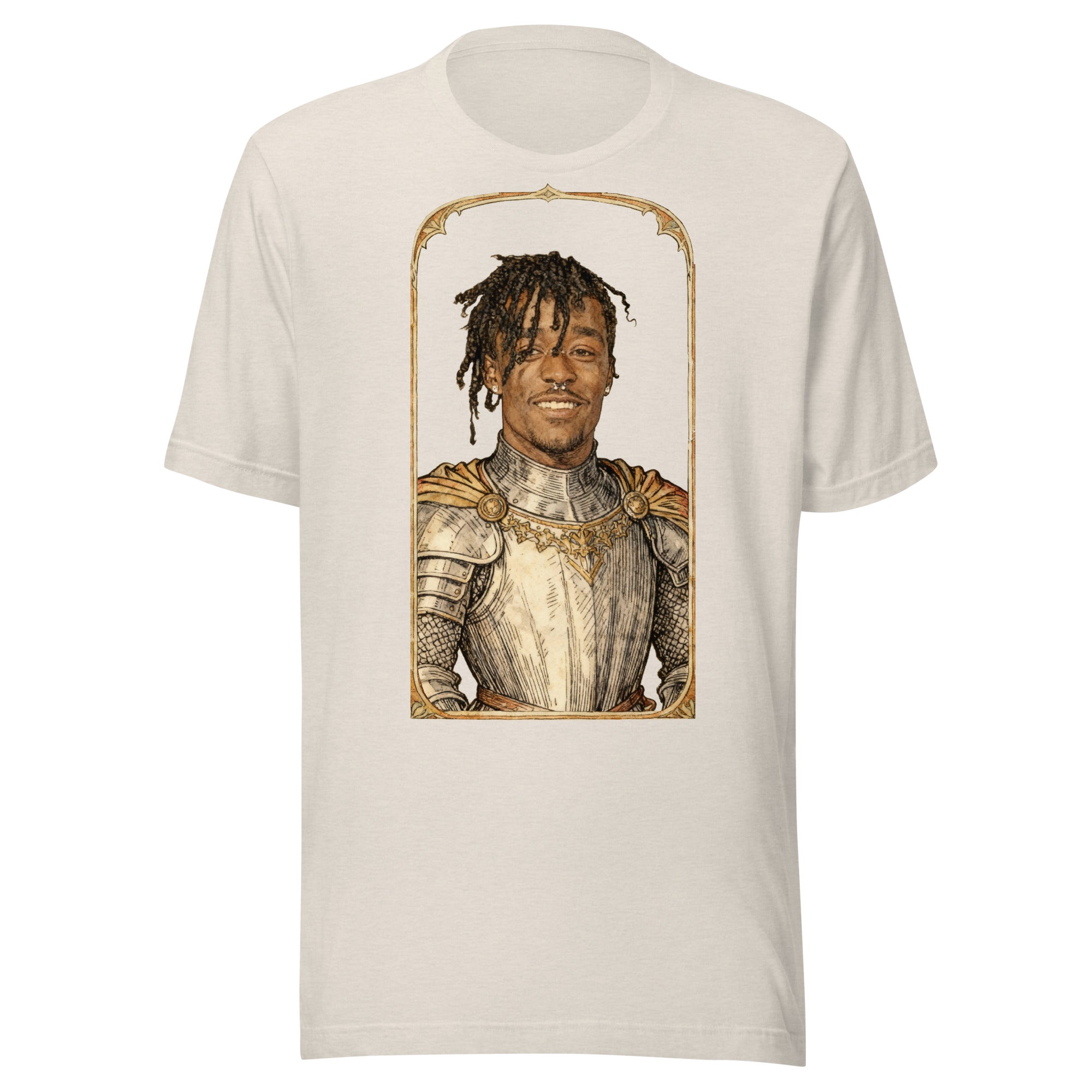 Heather Dust t-shirt featuring an exclusive pencil-sketch and engraving portrait of Lil Uzi Vert. The design depicts the artist as a medieval knight wearing detailed plate armor. The artwork is encased in an ornate gold arched border inspired by 14th-century illuminated manuscripts.