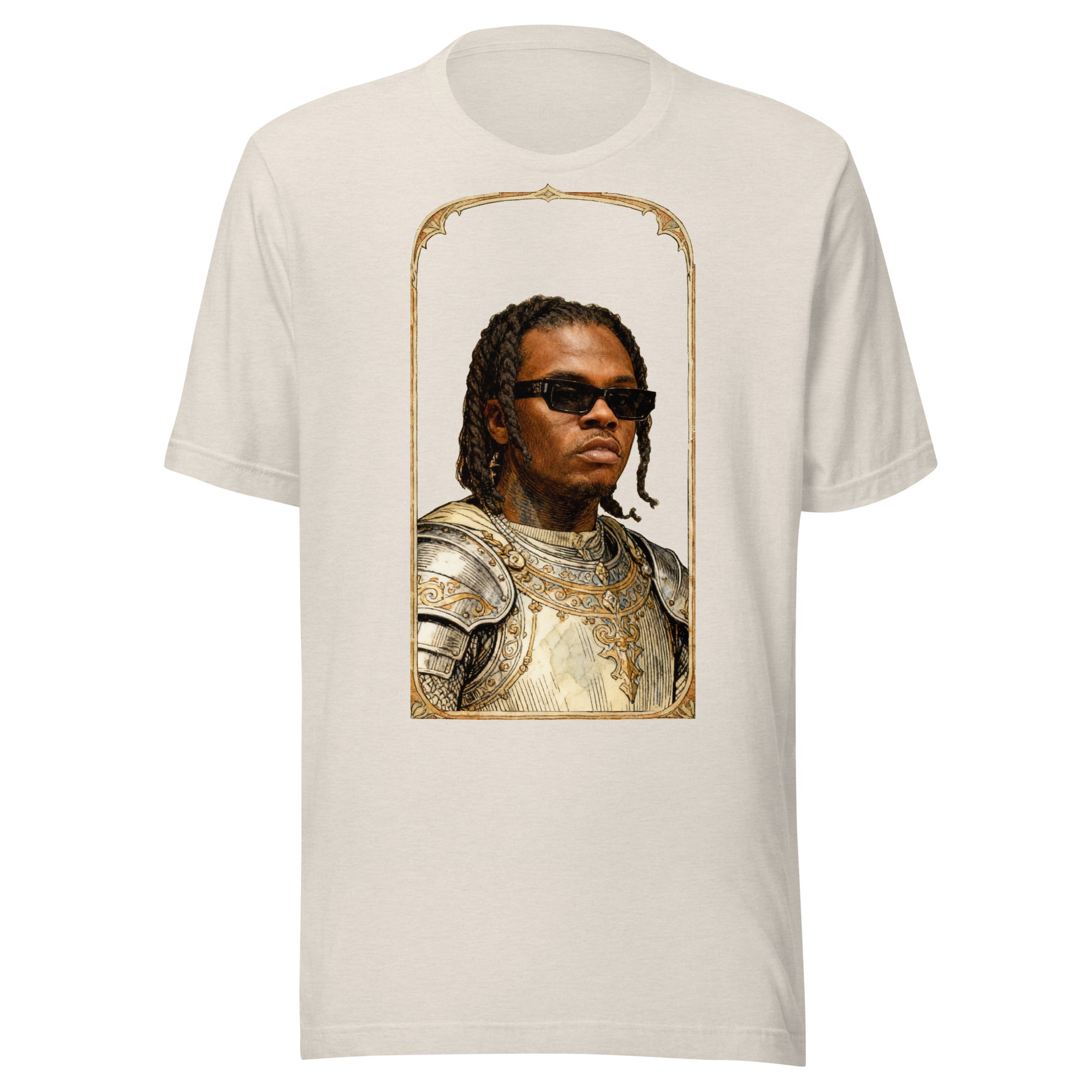Heather Dust t-shirt featuring an exclusive pencil-sketch and engraving portrait of Gunna. The design depicts the artist as a medieval knight wearing detailed plate armor. The artwork is encased in an ornate gold arched border inspired by 14th-century illuminated manuscripts.
