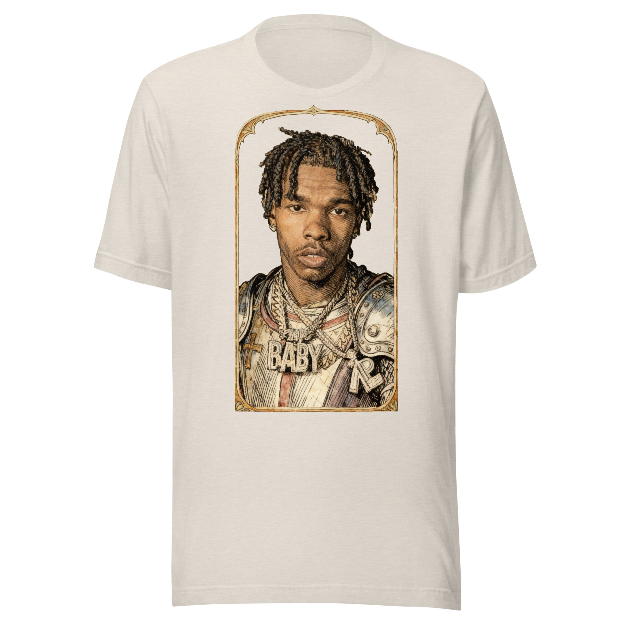 Heather Dust t-shirt featuring an exclusive pencil-sketch and engraving portrait of Lil Baby. The design depicts the artist as a medieval knight wearing detailed plate armor. The artwork is encased in an ornate gold arched border inspired by 14th-century illuminated manuscripts.