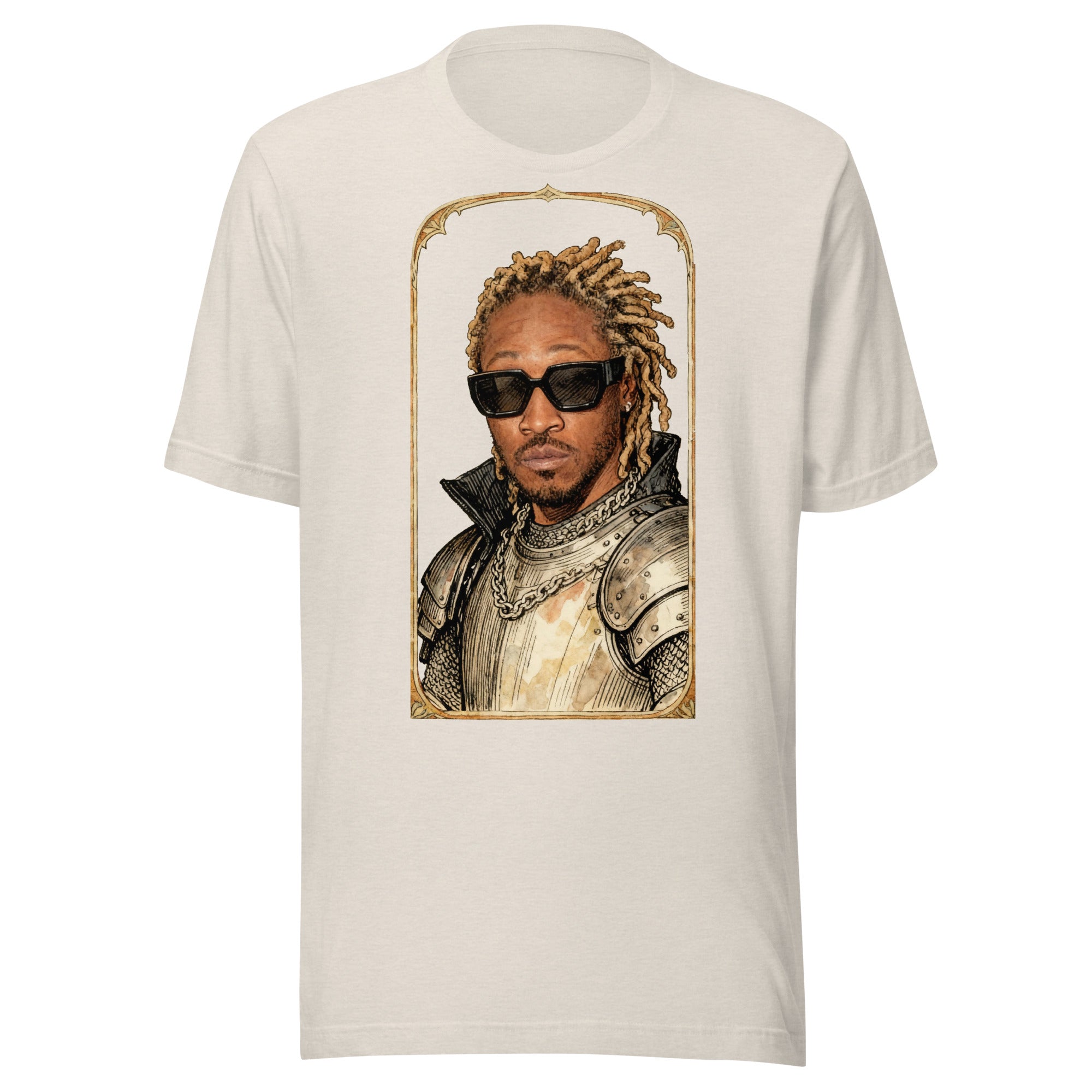 Heather Dust t-shirt featuring an exclusive pencil-sketch and engraving portrait of Future. The design depicts the artist as a medieval knight wearing detailed plate armor. The artwork is encased in an ornate gold arched border inspired by 14th-century illuminated manuscripts.