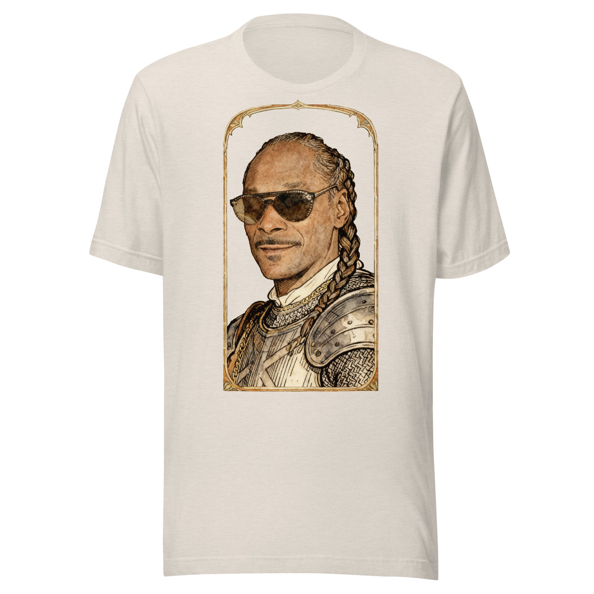 Heather Dust t-shirt featuring an exclusive pencil-sketch and engraving portrait of Snoop Dogg. The design depicts the artist as a medieval knight wearing detailed plate armor. The artwork is encased in an ornate gold arched border inspired by 14th-century illuminated manuscripts.