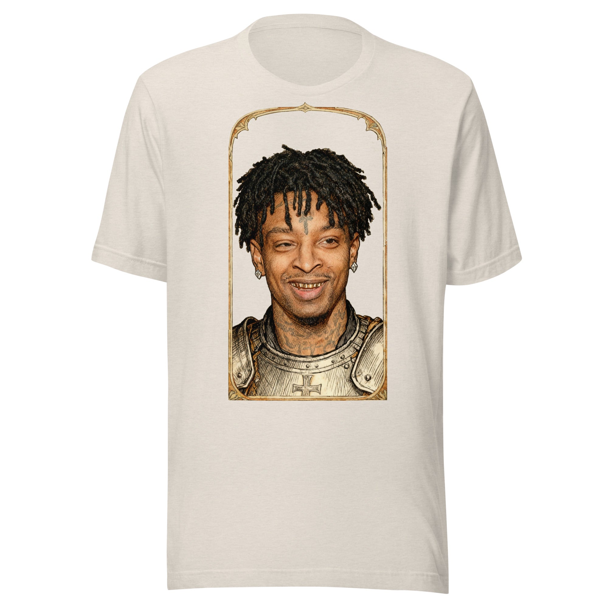 Heather Dust t-shirt featuring an exclusive pencil-sketch and engraving portrait of 21 Savage. The design depicts the artist as a medieval knight wearing detailed plate armor. The artwork is encased in an ornate gold arched border inspired by 14th-century illuminated manuscripts.