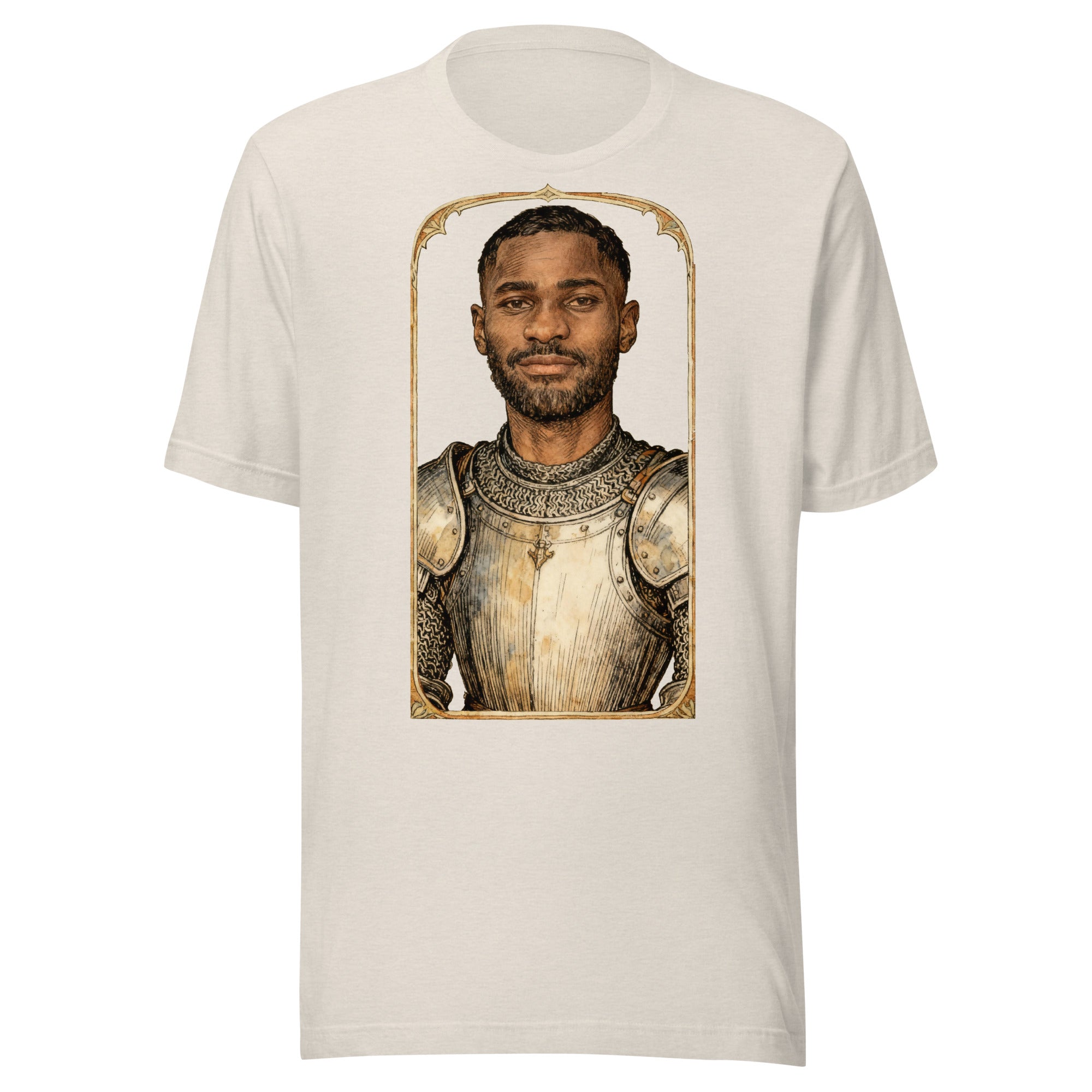 Heather Dust t-shirt featuring an exclusive pencil-sketch and engraving portrait of Dave. The design depicts the artist as a medieval knight wearing detailed plate armor. The artwork is encased in an ornate gold arched border inspired by 14th-century illuminated manuscripts.