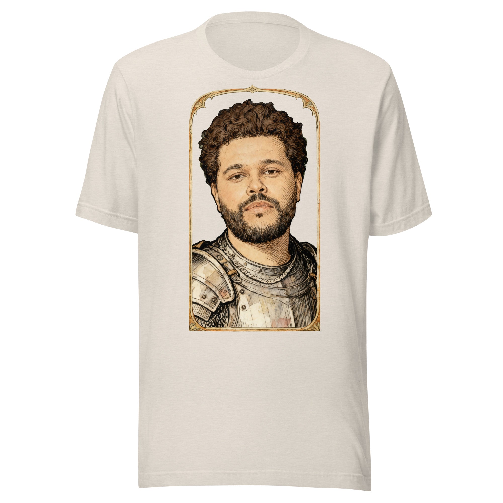 Heather Dust t-shirt featuring an exclusive pencil-sketch and engraving portrait of The Weeknd. The design depicts the artist as a medieval knight wearing detailed plate armor. The artwork is encased in an ornate gold arched border inspired by 14th-century illuminated manuscripts.
