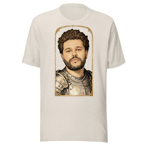 Heather Dust t-shirt featuring an exclusive pencil-sketch and engraving portrait of The Weeknd. The design depicts the artist as a medieval knight wearing detailed plate armor. The artwork is encased in an ornate gold arched border inspired by 14th-century illuminated manuscripts.