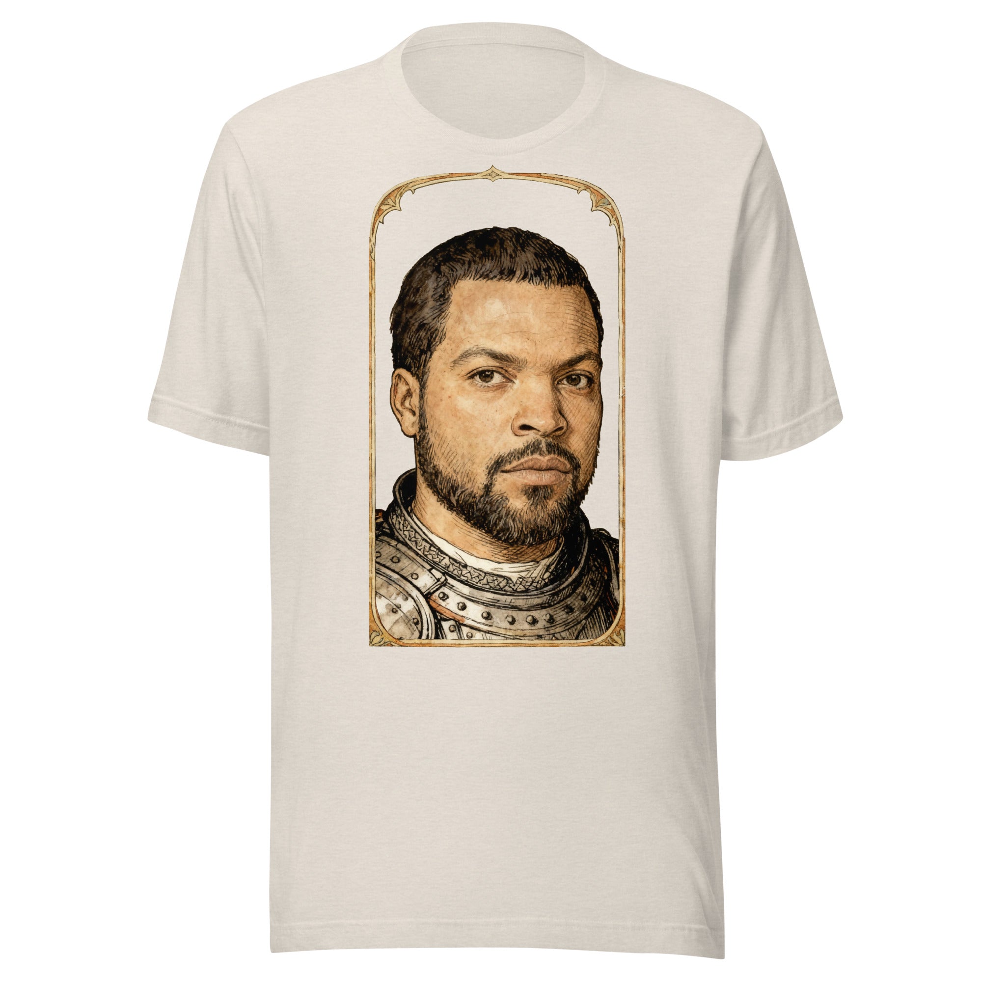 Heather Dust t-shirt featuring an exclusive pencil-sketch and engraving portrait of Ice Cube. The design depicts the artist as a medieval knight wearing detailed plate armor. The artwork is encased in an ornate gold arched border inspired by 14th-century illuminated manuscripts.