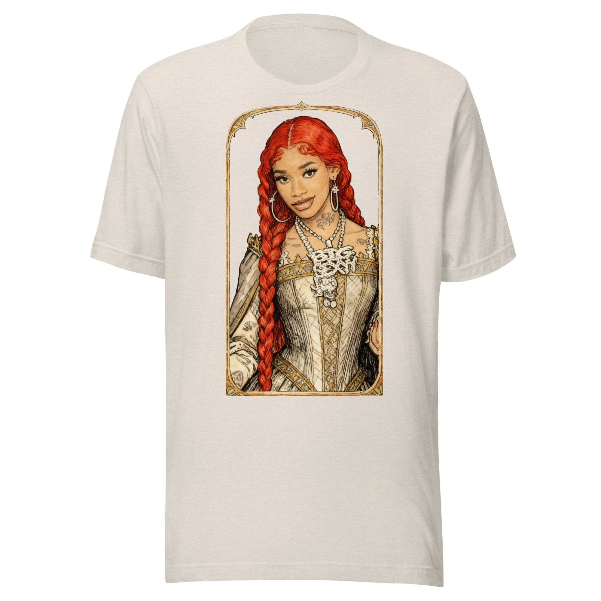 Heather Dust t-shirt featuring an exclusive pencil-sketch and engraving portrait of Sexyy Red. The design depicts the artist as a medieval knight wearing detailed plate armor. The artwork is encased in an ornate gold arched border inspired by 14th-century illuminated manuscripts.